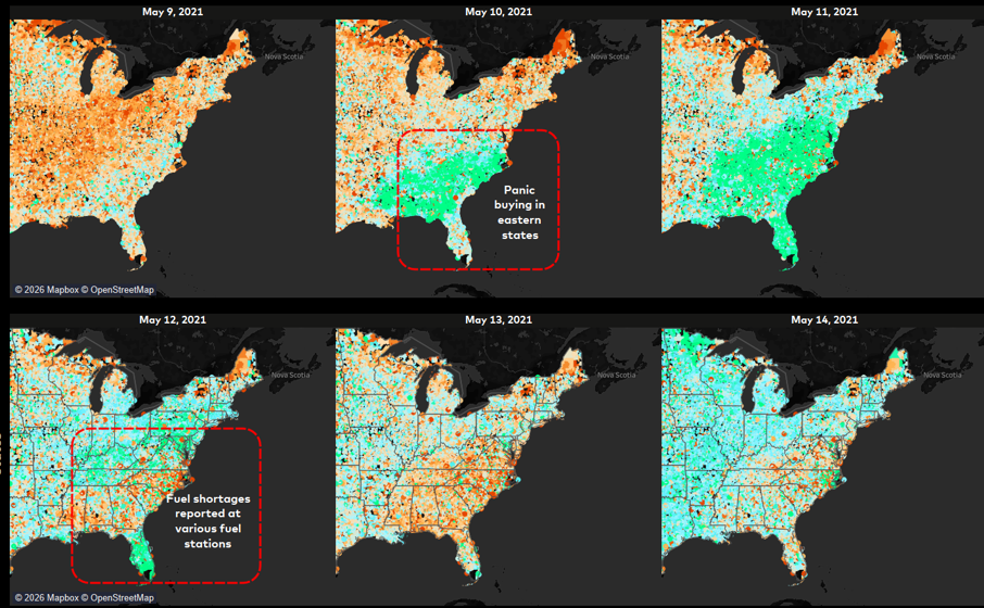 Map timeline showing results of Colonial Pipeline cyberattack