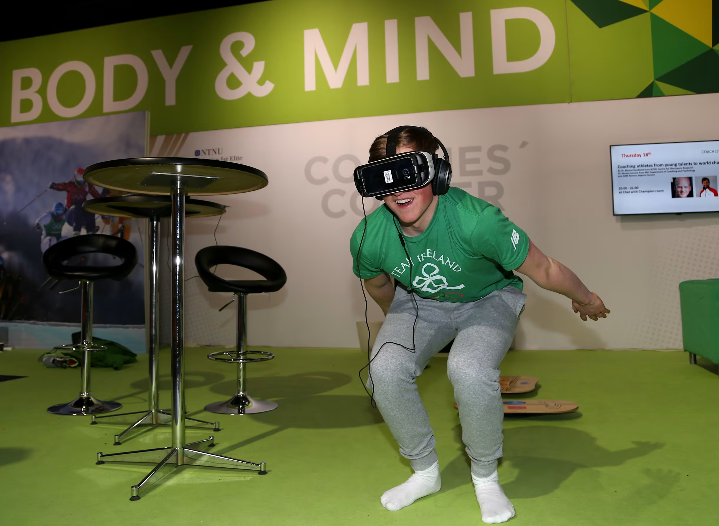 Person using VR headset to practice skiing