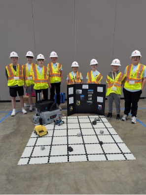 Group of students wearing hard hats and vests during their competition