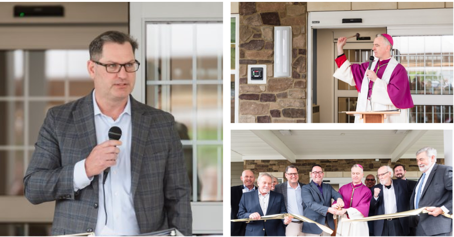 collage of photos of speakers at the opening of Mews at St. Mary in Williamstown, NJ,