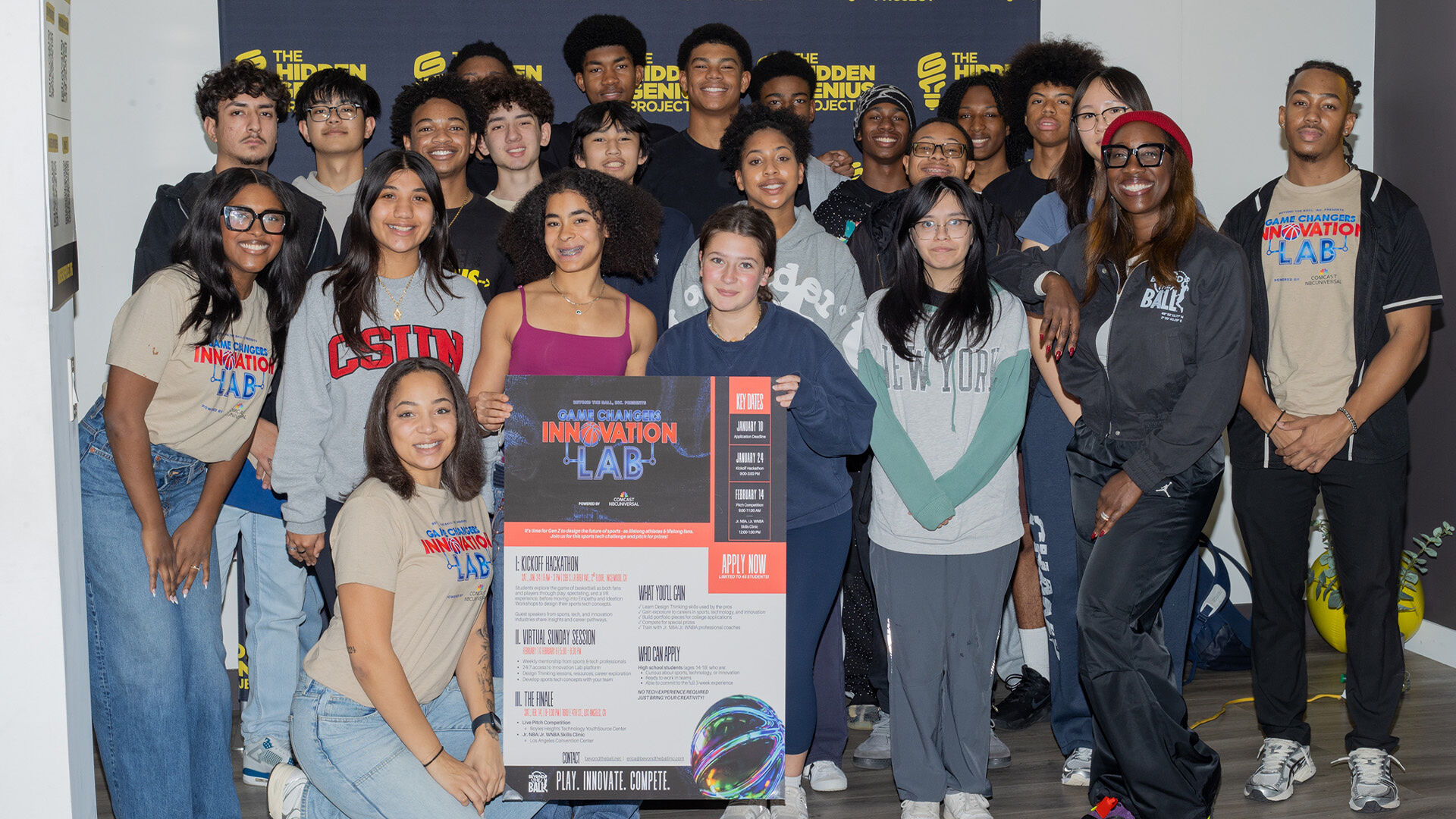 Student Innovators and Coaches pose for a group picture during the Game Changers Innovation Lab sponsored by Comcast NBCUniversal