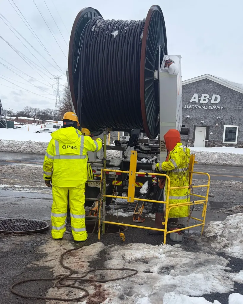workers with a roll of electric cable