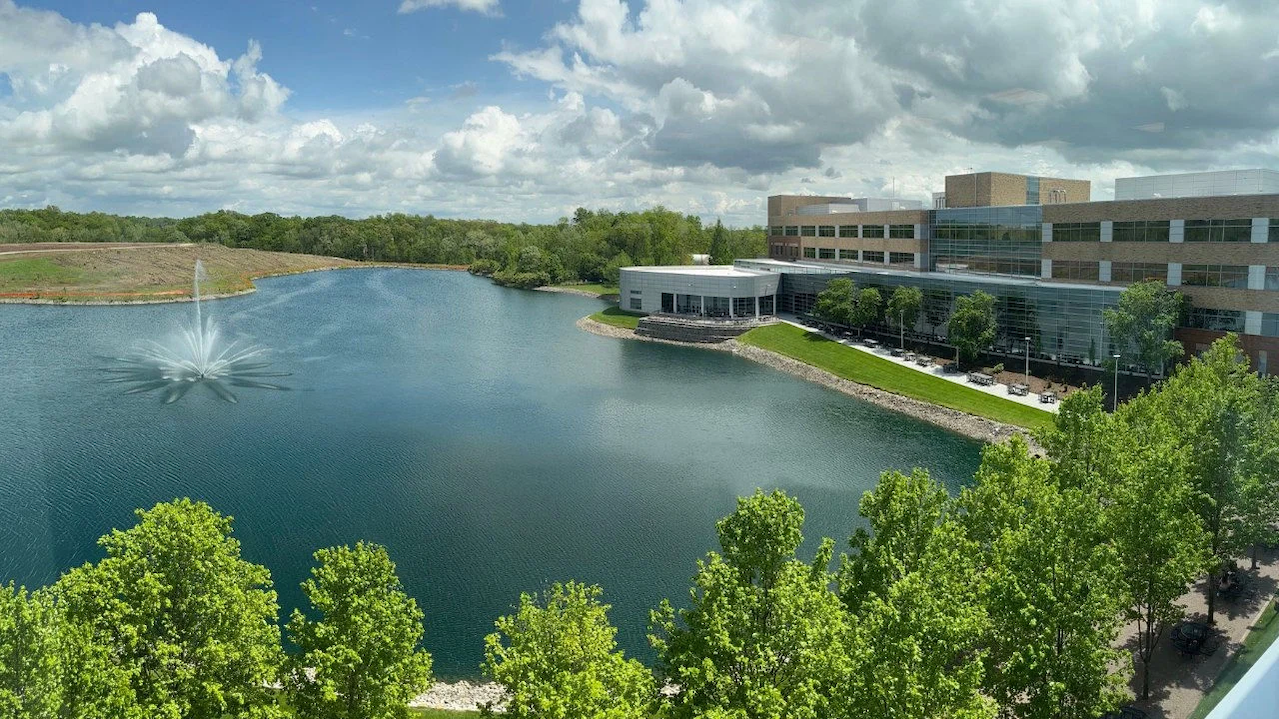 The lake outside Mastercard's St. Louis Tech Hub serves as a back-up source of water for the company's chillers, which cool the company's data center. (Photo credit: Mira Belgrave)