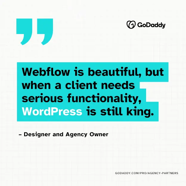 "Webflow is beautiful, but when a client needs serious functionality, WordPress is still king." - Designer and Agency Owner