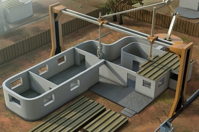Insta-House: This prototype for a gigantic 3D printer replaces construction workers with a nozzle on a gantry, which squirts out concrete and can quickly build a home based on a computer pattern. The unit could theoretically construct the entire home structure in 24 hours. Photo: MSN News and gadgets.ndtv.com