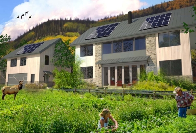 The VISION House at Mariposa Meadows, shown here in rendering, will consist of three entirely self-sufficient, off-grid structures: Atrium Duet—two living units connected by a central enclosed atrium/living space; Aspen Cabin—two story structure with open loft; Studio—two story structure with garage on first floor and studio on second floor.