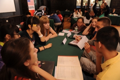 Students from Wallingford, Conn. and Shanghai, China get to know one another during the first day of the JA China Global Exchange program held at Yale University.