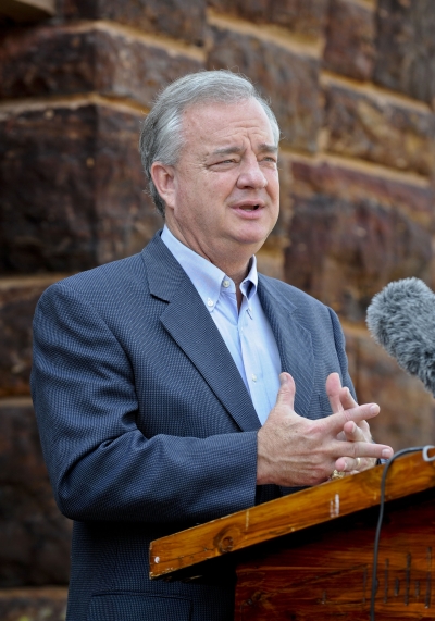 Texas A&M Chancellor John Sharp Speaks at the Lost Pine Forest Recovery Campaign News Conference at Bastrop State Park.