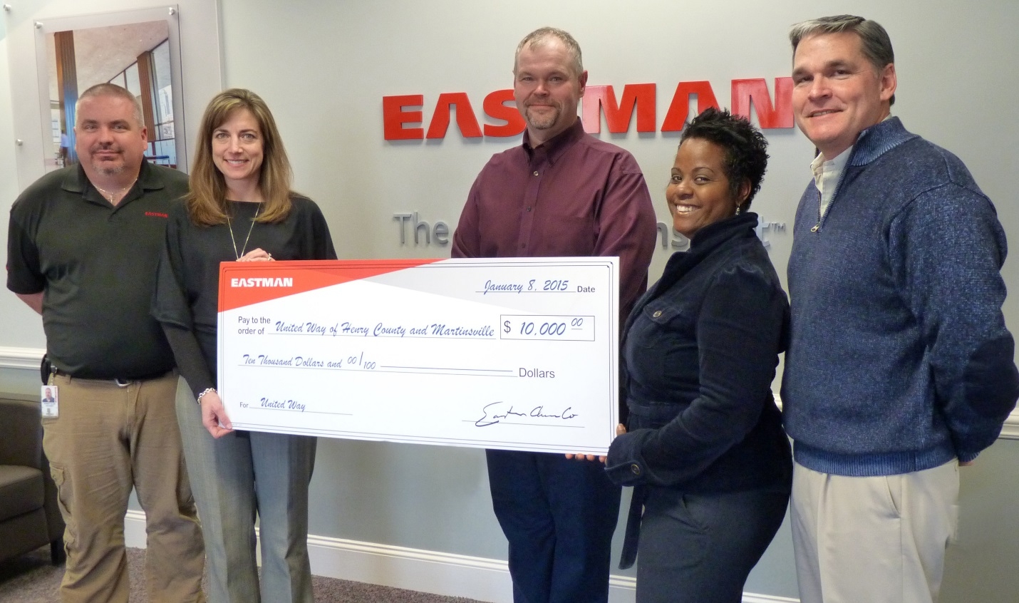 From Left to Right: Robert Hatchett – Facilities Engineering & Capital Planning Lead and 2014 United Way Chair, Eastman Tiffani Underwood – Executive Director, United Way Jim Bryan – Operations Manager, Eastman Tanya Foreman – Education Programs Representative, Eastman Scott Prillaman – Immediate Past President, United Way
