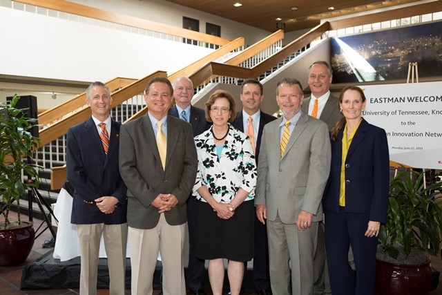 Pictured L to R (front row) is Mark Gibson, Senior Director of Corporate Engagement-UT, Gary Luce, Technology Liaison-Eastman, Theresa Lee, Director of College of Arts and Science-UT, Stewart Witzeman, Director of Eastman Innovation Center, Jennifer Stewart, Vice President for Corporate Innovation-Eastman & L to R (back row) David Millhorn, Executive Vice President and Vice President for Research-UT, Steve Crawford, Senior Vice President and Chief Technology Officer-Eastman and Taylor Eighmy, Vice Chancellor for Research and Engagement-UT.
